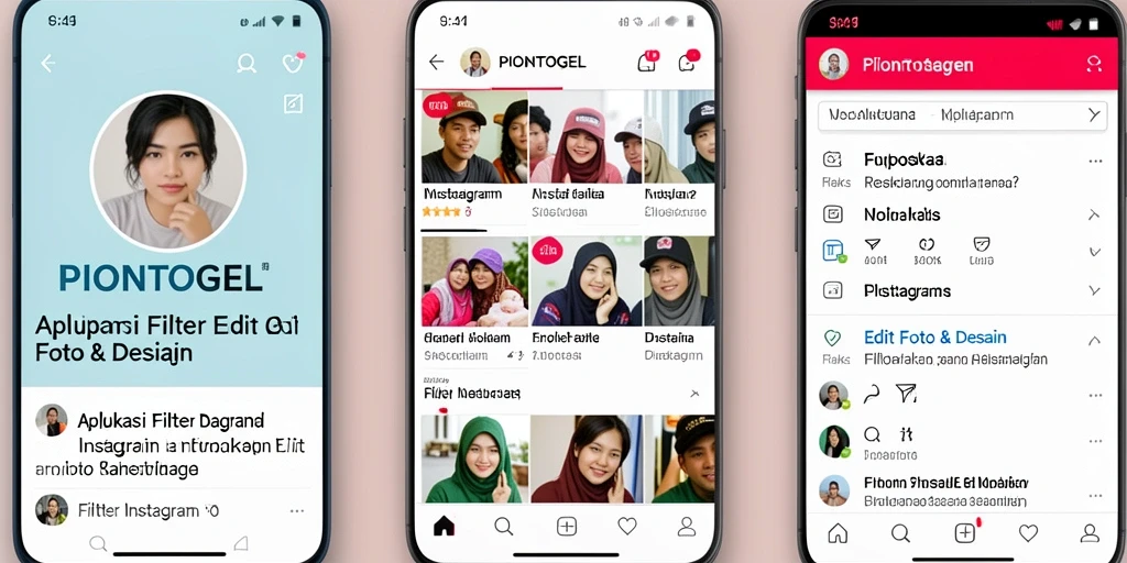 Tampilan antarmuka aplikasi PIONTOGEL dengan berbagai pilihan filter Instagram.