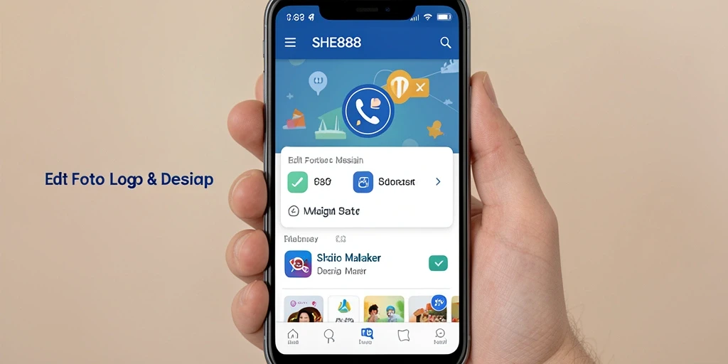 Antarmuka pengguna SHE888 menampilkan berbagai fitur pembuat logo yang menarik.